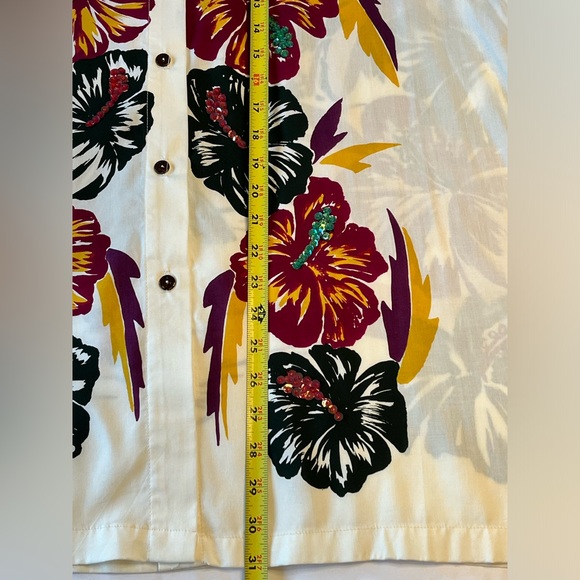 Vtg NWT FAITH Cream shirt blouse Hula Girl Hawaiian Hibiscus sequins woman’s L - Picture 7 of 11